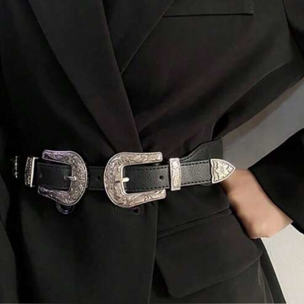 Western Elastic and Faux Leather  black Belt with Silver Buckles 90/100 size